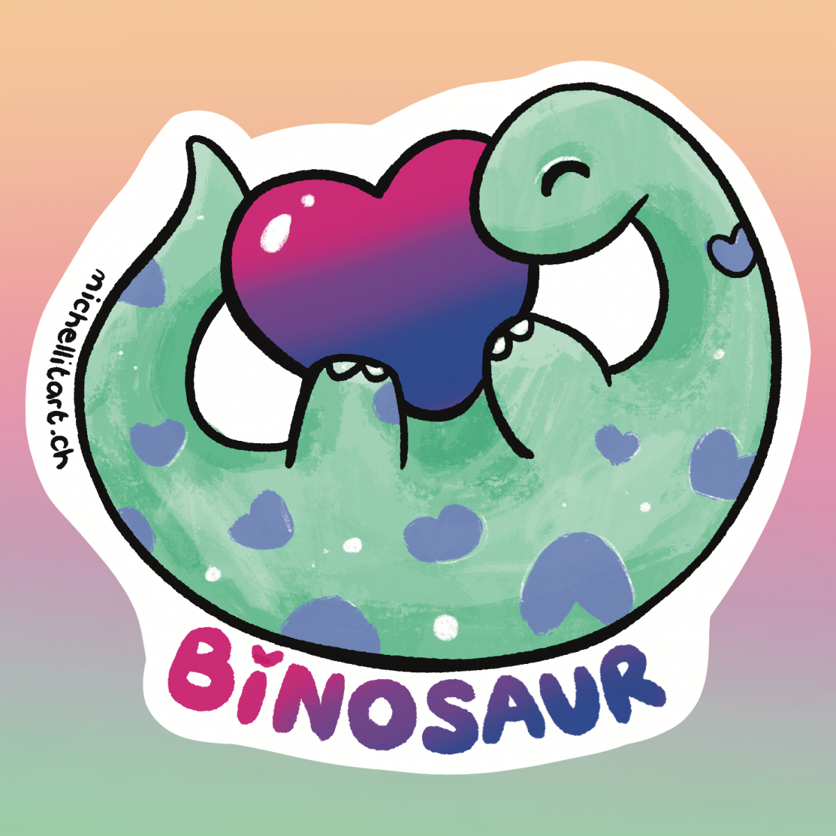 LGBTQ Binosaur ist ein Dinosaurier mit Bi-Herz-Flagge in den Pfoten