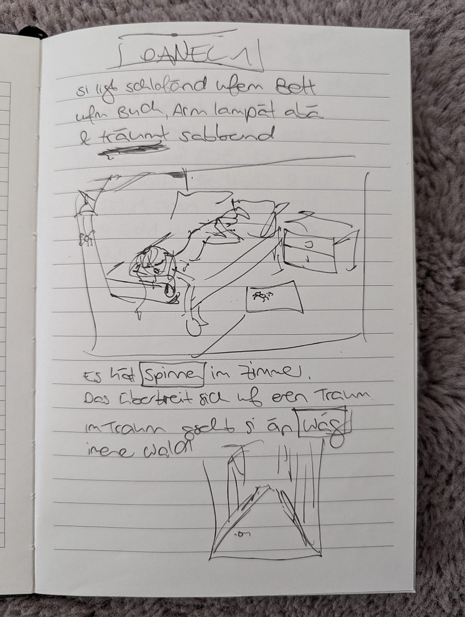 Das erste Comicpanel von Dreamsland als Skizze im Notizbuch