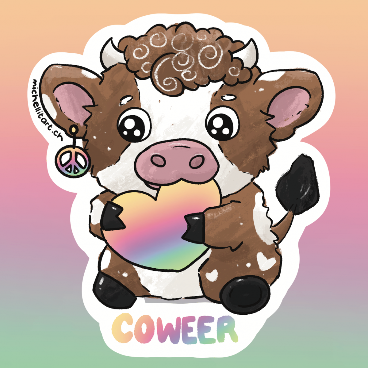 Süsse queere Kuh mit flauschigem Fell und Regenbogen-Herz in den Hufen