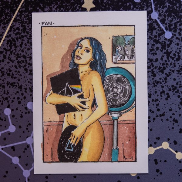 Karte aus meiner Inktober Serie, mit einem Fangirl von Pink Floyd, mit Vinyl in der Hand und von den Beatles an der Wand, Wortspiel durch den Ventilator im Hintergrund