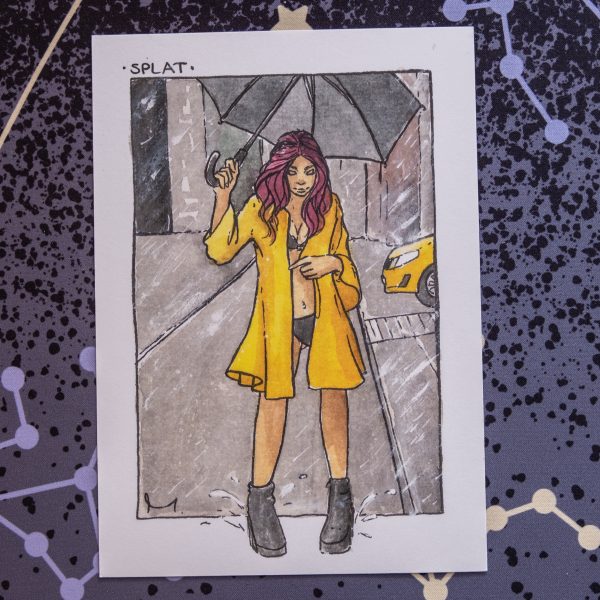 Im Regen tanzendes Mädchen mit gelbem Regenmantel und Schirm, irgendwo in den verlorenen Tiefen von New York City