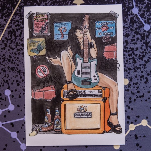 Rock Concert Karte mit Gitarre, Verstärker und verschiedenen Postern an der Wand.