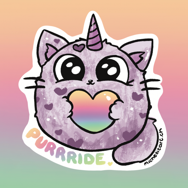 Purride Sticker mit einer süssen lila Katze und einem Regenbogen Herz in den Pfoten