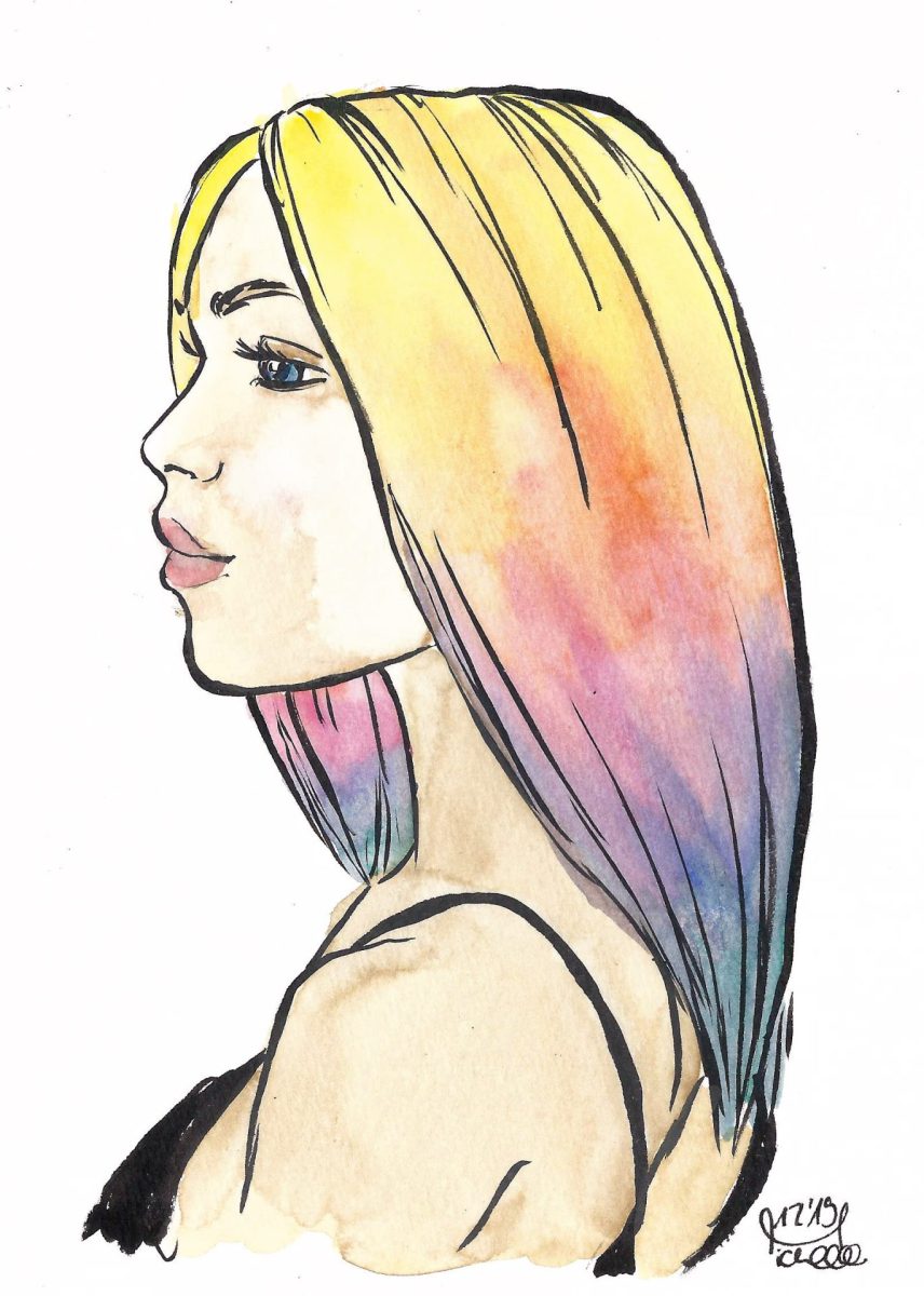 Ein farbenfrohes Digitalpainting einer jungen Frau, mit Regenbogenhaaren. Die lebendigen Farben und der fröhliche Ausdruck vermitteln ein Gefühl von Glückseligkeit und Hoffnung. Perfekt für diejenigen, die positive und inspirierende Kunst mögen.